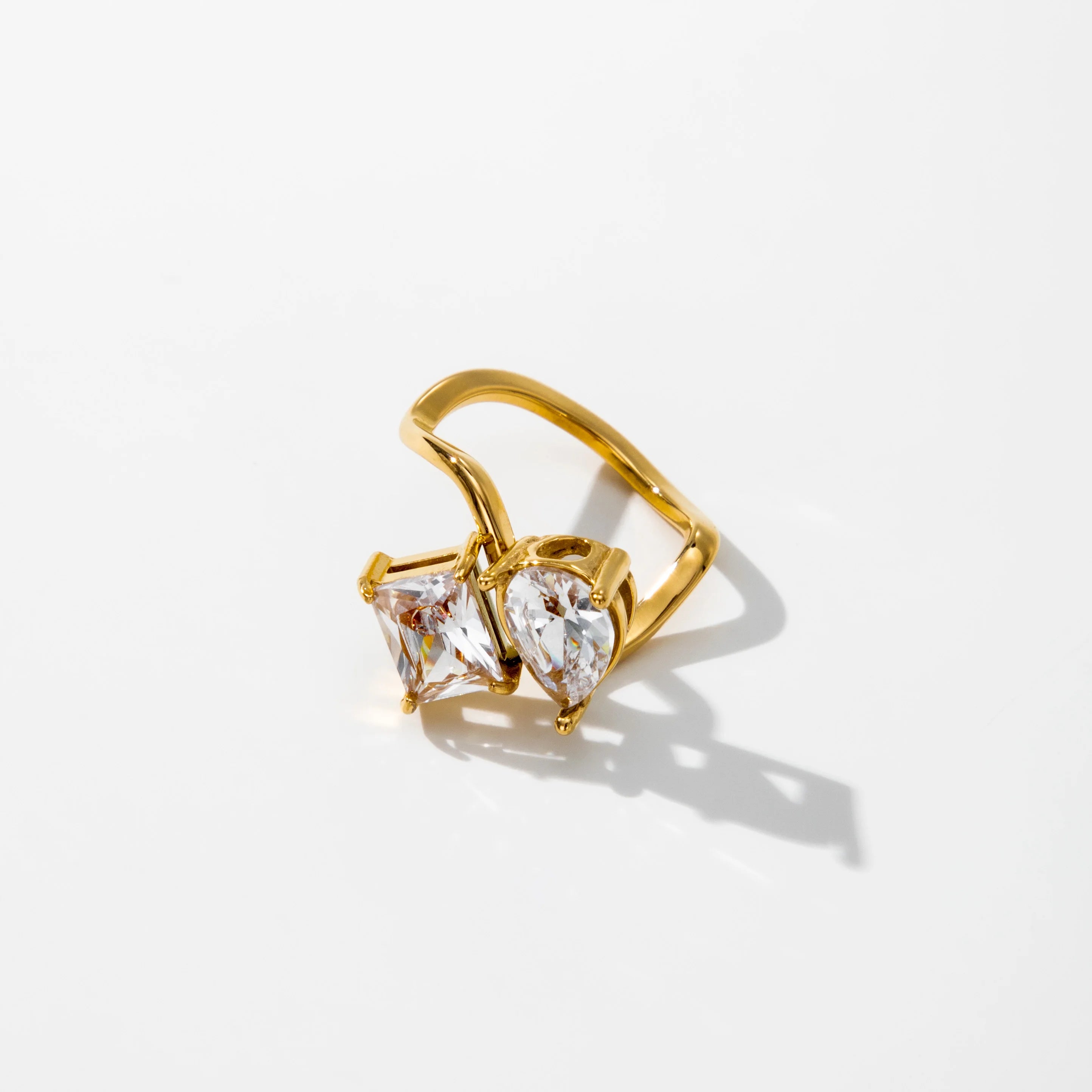 YF3847 [ View Tutorial Video] Stainless Steel Waterproof Jewelry 18k Gold Plated Water Drop Square Zircon Splicing Women Ring