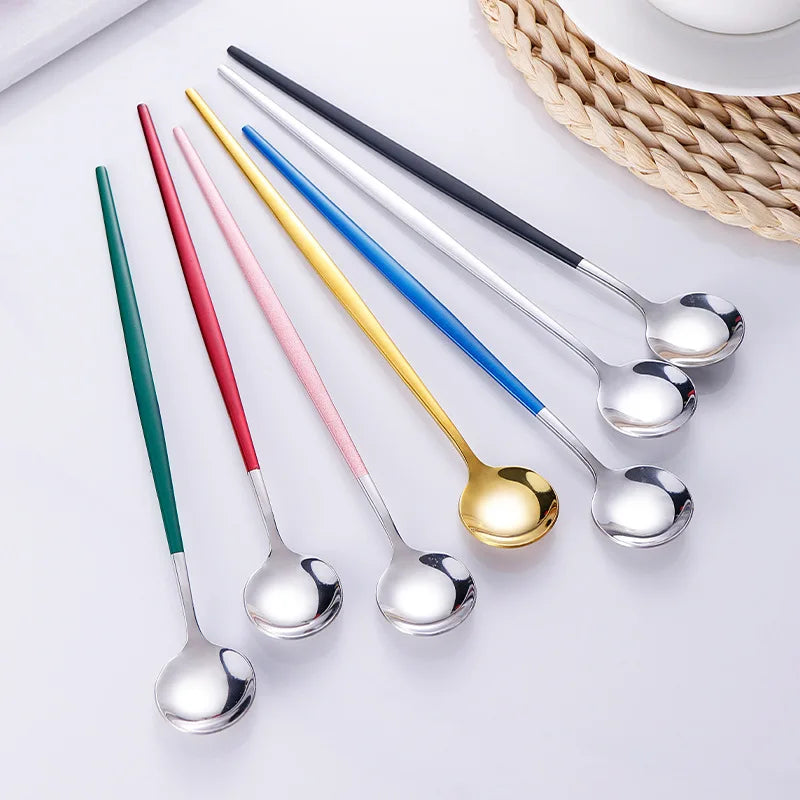 New Arrival Stainless Steel Dessert Spoon with Long Handle Low Price Gold/Rose/Black/Blue/Purple Color Design for Giveaways