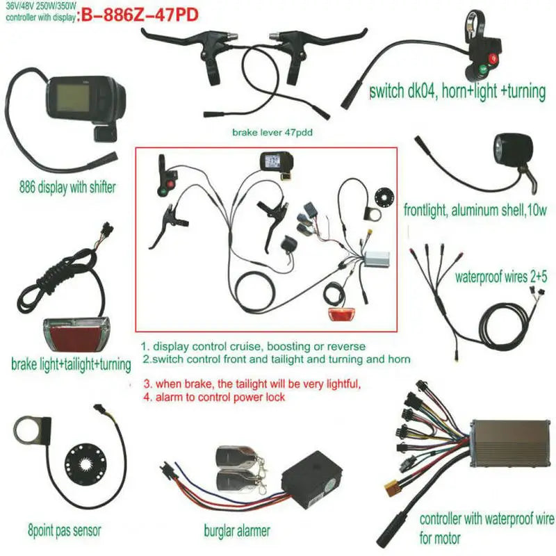 Electric Bicycle DIY KIT Controller+DISPLAY 886+Headlight+Tail Light+Waterproof Line+PAS+ALARMER MTB Instrument Moped PART