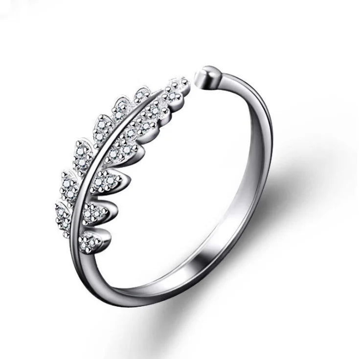 925 Silver Korean Fashion Leaf  Ring for Women Adjustable Open Design  Zircon Delicate Daily Ring Jewelry