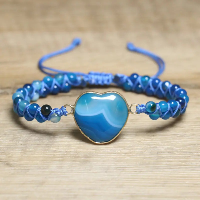 4mm Blue Striped Agate Beaded Bracelet for Women Yoga Heart Charm Handwoven Adjustable Natural Stone Bracelet Valentines Gift