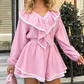 Enyami Pink Long Sleeve Pajama Lace Ruffled Lady V-Neck High Waist Shorts Suit Casual Loungewear Two Piece Shorts Set for Women
