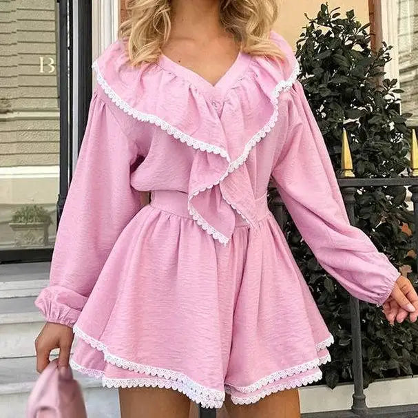 Enyami Pink Long Sleeve Pajama Lace Ruffled Lady V-Neck High Waist Shorts Suit Casual Loungewear Two Piece Shorts Set for Women