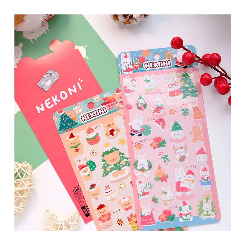 Nekoni Merry Christmas Sparkle Bling Stickers Glitter Stickers Cute Rabbit Cat Dog Bear Animal PVC Decal Waterproof Stickers