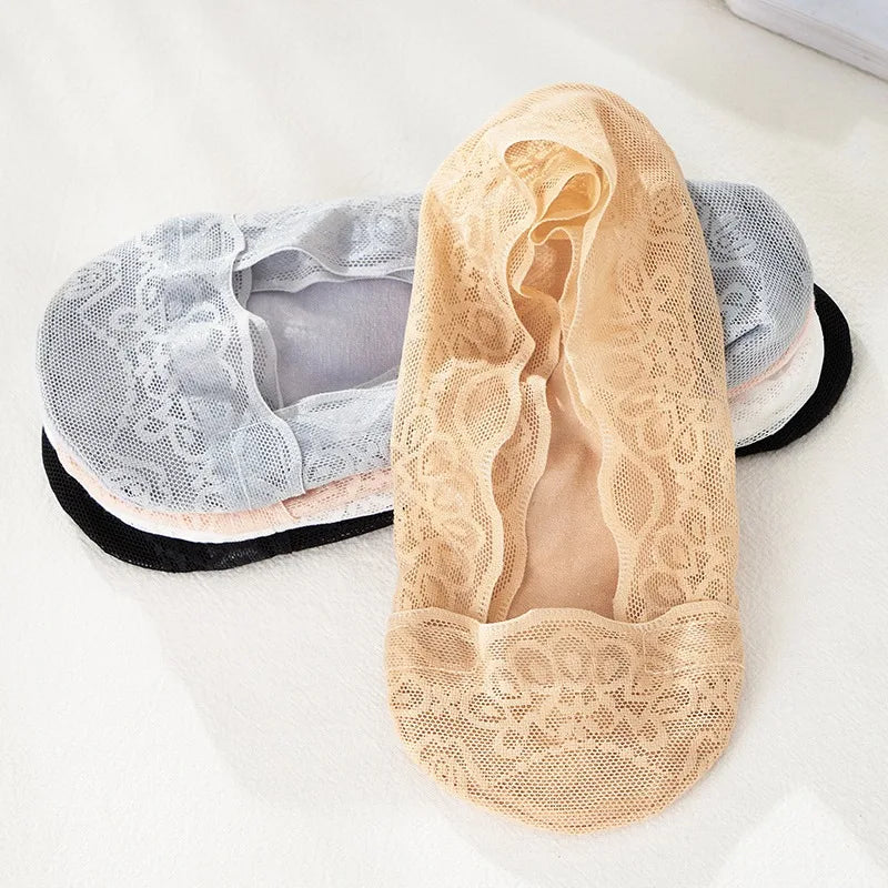 2024 Women No Show Socks With Gel Anti-slip Skin Invisible Crystal Lace Elastic Short   Socks