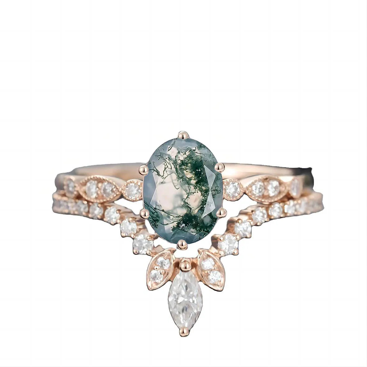 New Arrival Wholesale Beautiful Women Jewelry Oval Moss Agate Ring With Moissanite Engagement Wedding Promise Rings for Gift