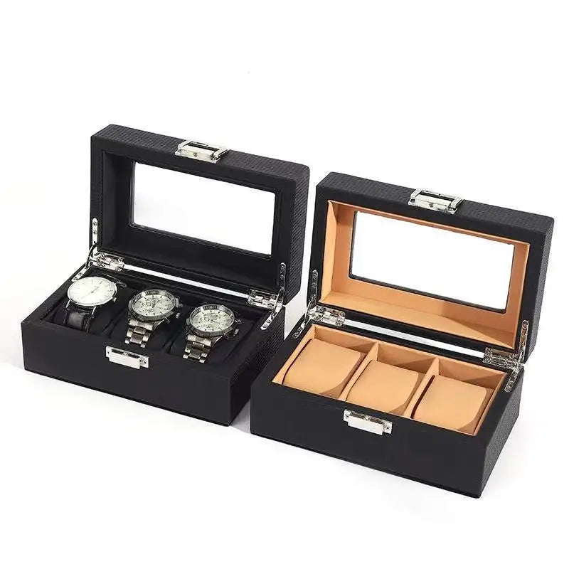 Black PU Leather 3 Compartment Dustproof Wrist Watch Storage Display Box Organizer with Glass Lid and Buckle Closure