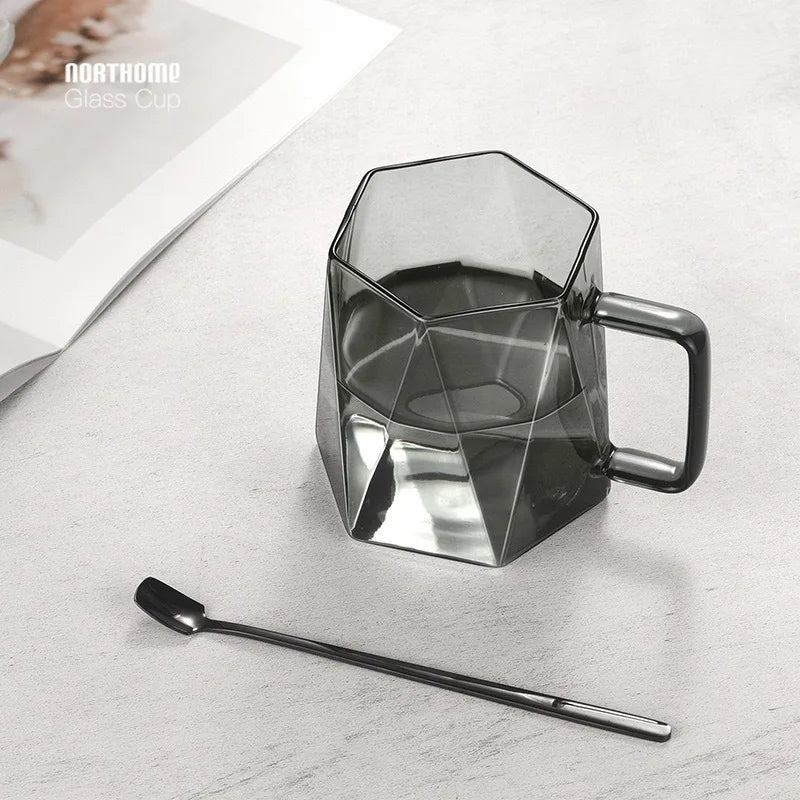 Customizable Logo 460ml Polygonal Glass Cup Heat Resistant Clear Glass Coffee Mug Back to School Gift
