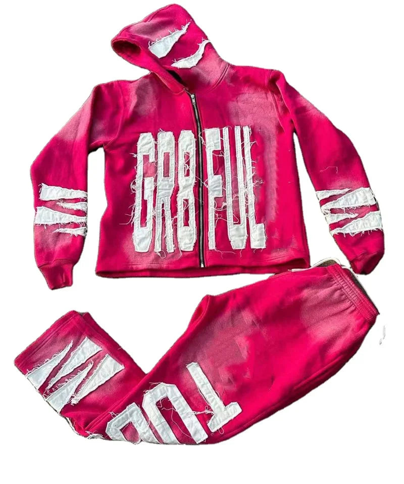 KY Flare Acid Washed Zip-Up Hoodie Casual XL Size Casual Fabric Hoodie With Embroidery Patched Distressed Design
