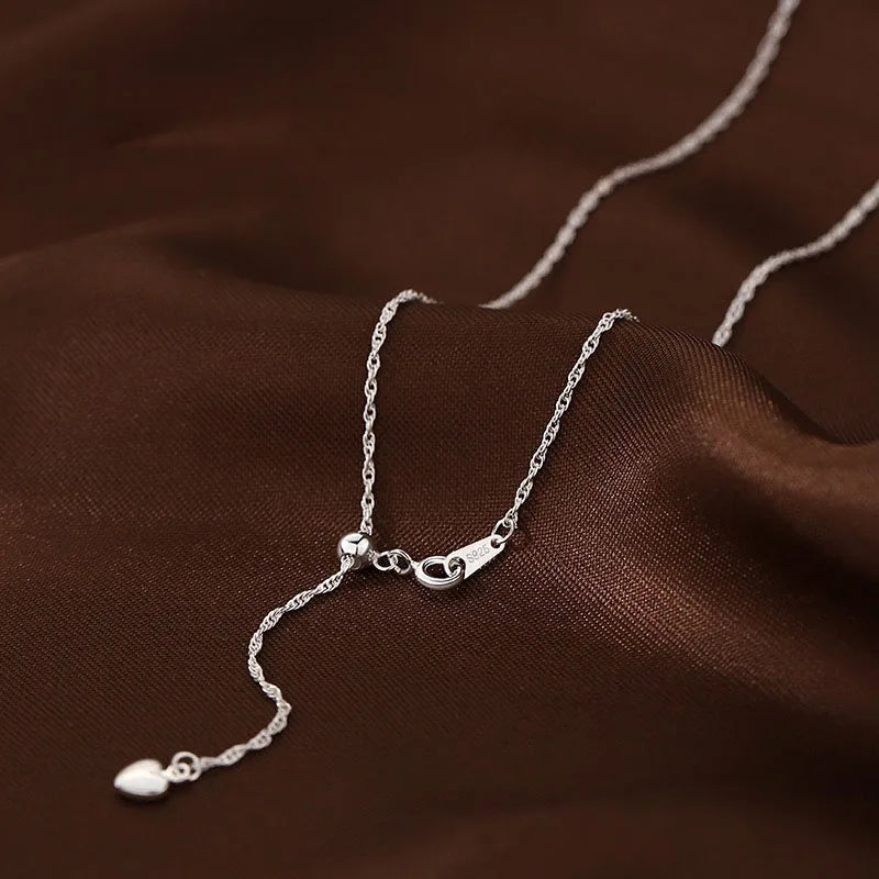 Vintage Lovely Heart Wave Chain Lariat Necklace for Women 925 Sterling Silver Fine Jewelry