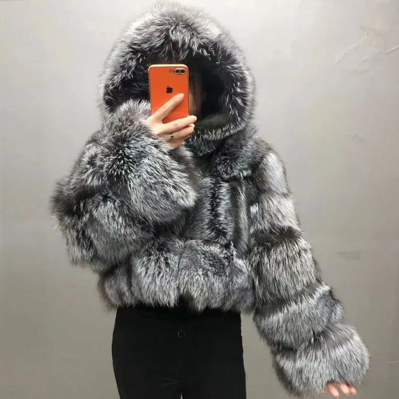 Factory Outlet Selling Short Crocheted Breathable Hooded Luxury Fluffy Winter Warm Cotton Eco-Friendly Real Silver Fox Fur