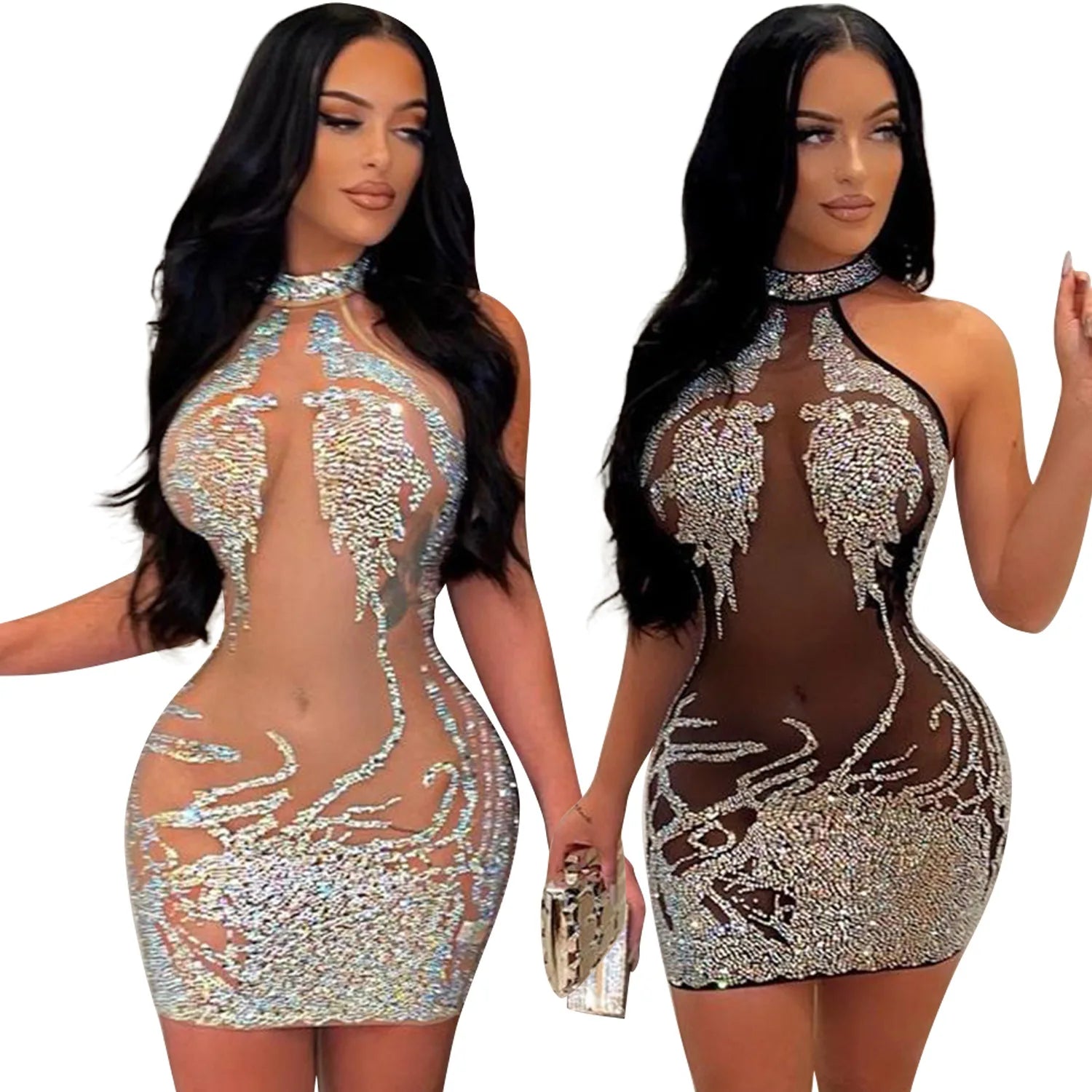 Summer New European and American Women's Sexy Tight Mesh Hot Diamond Perspective Dress