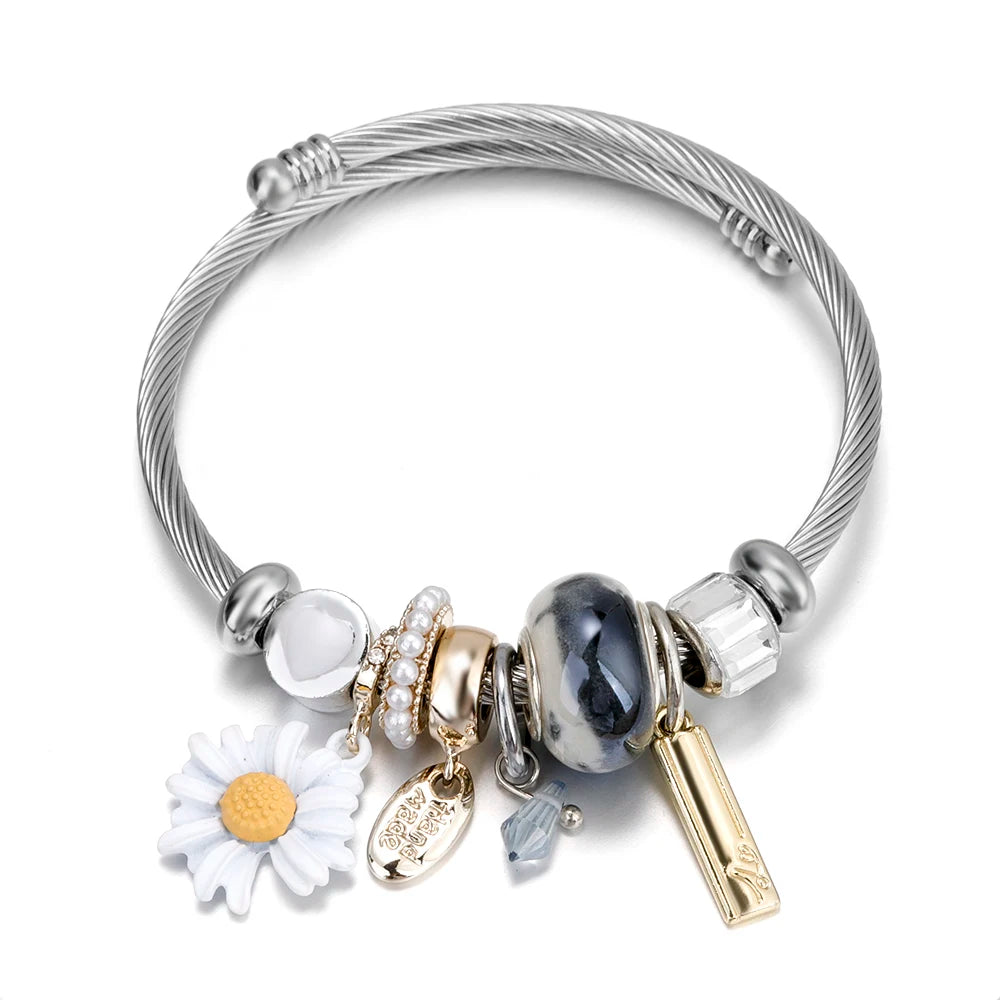Women Bracelet Bear Small Daisy Beaded Adjustable Bracelet Ethnic Style Stainless Steel Ball Charm Bracelets Jewelry Decoration