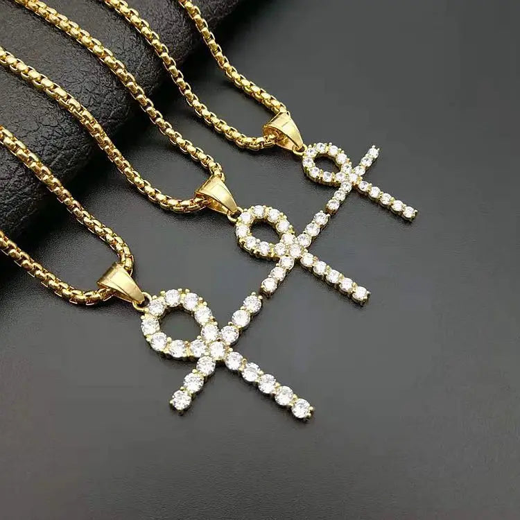 NS1141 Trendy Stainless Steel Cross Charm Pendant Necklace fashion 18k Gold Hiphop Ankh  Men Necklace