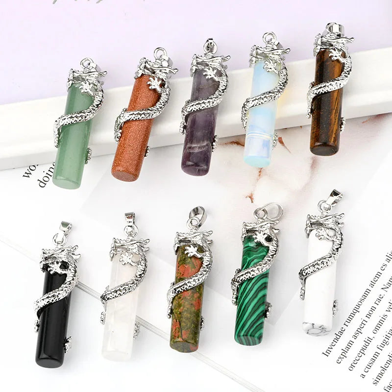 Dragon Wrapped Crystal Stone Cylinder Column Pendant Copper Bezel with Silver Color Plating Stone Pendant