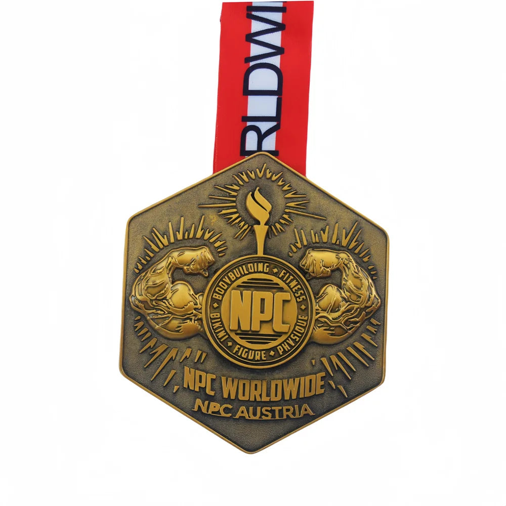 3D National Physique Committee Hexagon Medal for NPC WORLDWIDE Featuring Bodybuilding Fitness Figure and Physique Themes