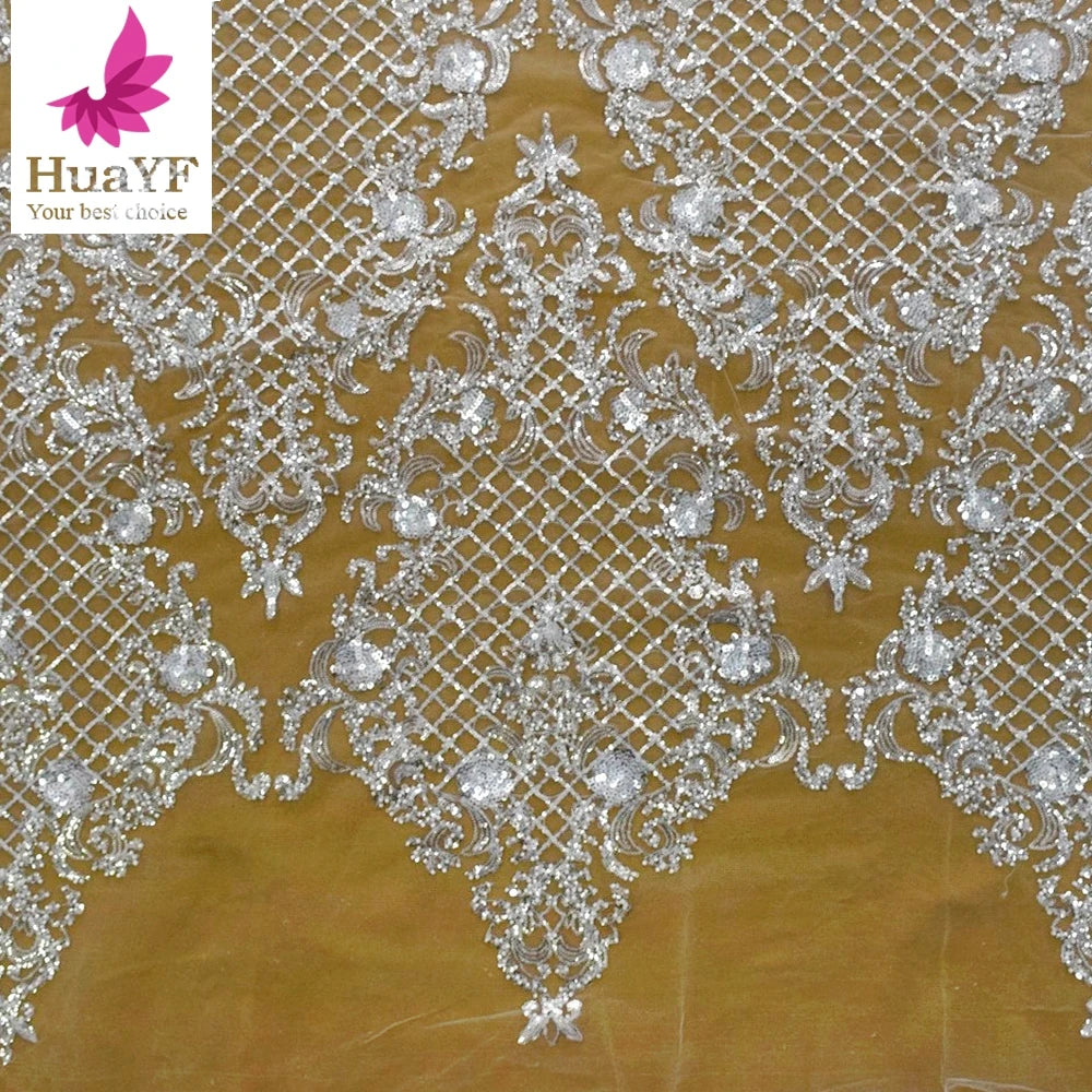 High Quality Bridal Silver White Beads Lace Tulle Fabrics With Sequins 5 Yards Lace for Wedding Collection HY1740-4