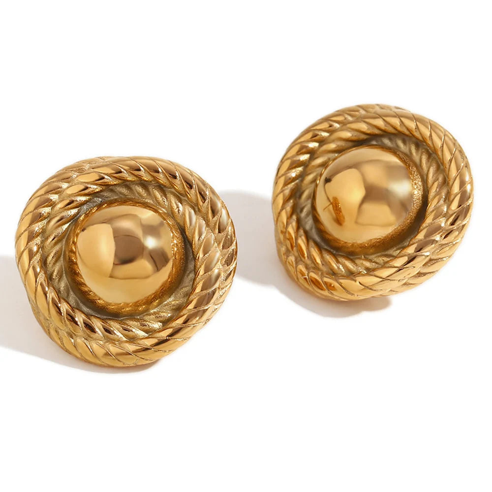 Vintage Round Statement Earrings 18K Gold Stainless Steel Twisted Button Stud Earrings Prevent Allergy Daily Women Jewelry