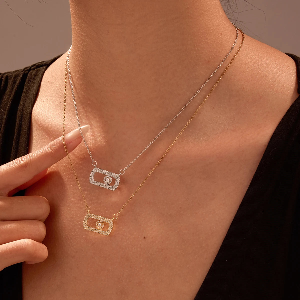 Zircon Removable Camera Shaped Copper Pendant Thin Chain Gold Plated Crystal Inlaid Rectangle Necklace