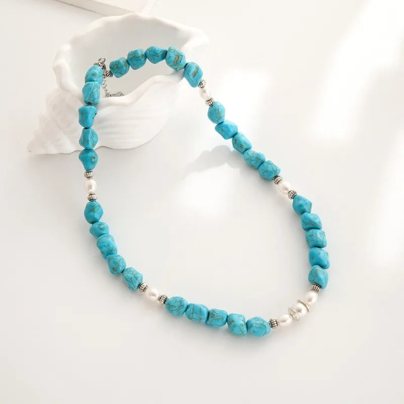Irregular Blue Turquoise Beaded Necklace Natural Stone Necklace Baroque Pearls Charm Trendy Handmade Jewelry for Women Men