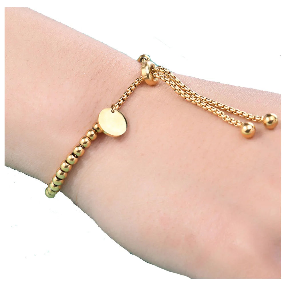 Wholesale Small 18K Gold Plated Beaded Chain Bracelet Push Pull Stainless Steel Bead Blank Round Disc Charm Pendant Bracelet