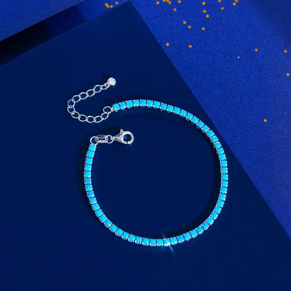 Fashion 925 Sterling Silver Lobster Clasp Blue Turquoise Stone Adjustable 2.5mm Tennis Bracelet for Women's Wedding Accessories