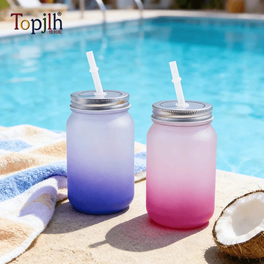 Topjlh Sublimation Gradient Colorful Glass Mason Cup Customized Printed Logo Frosted Surface Mason Jar Cup with Lid and Straw