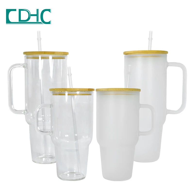 40 oz Glass Tumbler 32oz 40oz Wooden Lid Sublimation clear and Frosted Water Glass Tumbler Mug with Handle and Straw