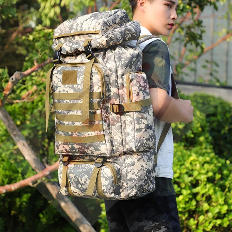 Hot Sales 80L Camouflage Men Oxford Cloth Waterproof Outdoor Hiking Camping Camouflage Tactical Backpack