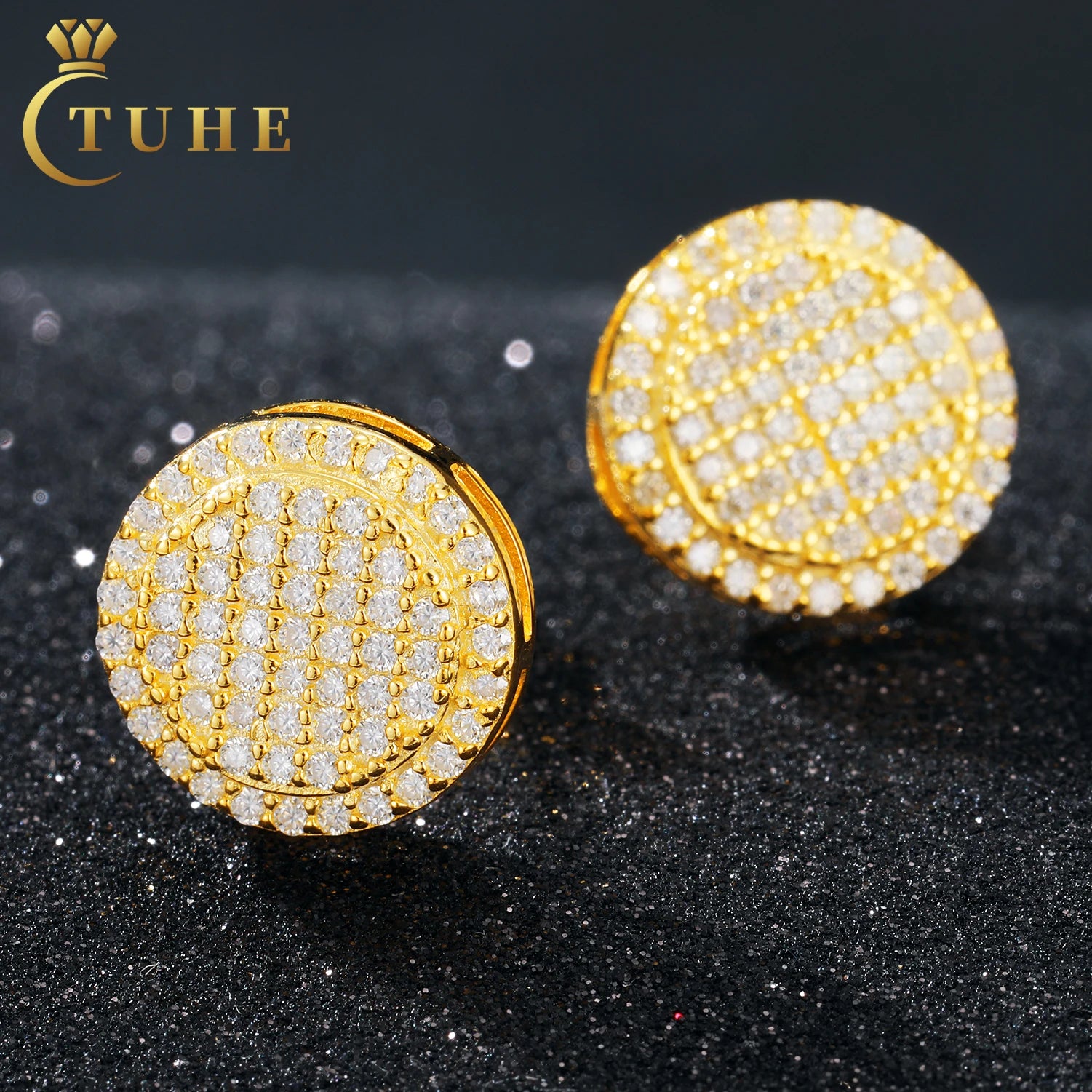 Fashion White Gold Plated 925 Sterling Silver Iced Out Round Shape Moissanite Earrings Hip Hop Jewelry Geometric Stud Earrings