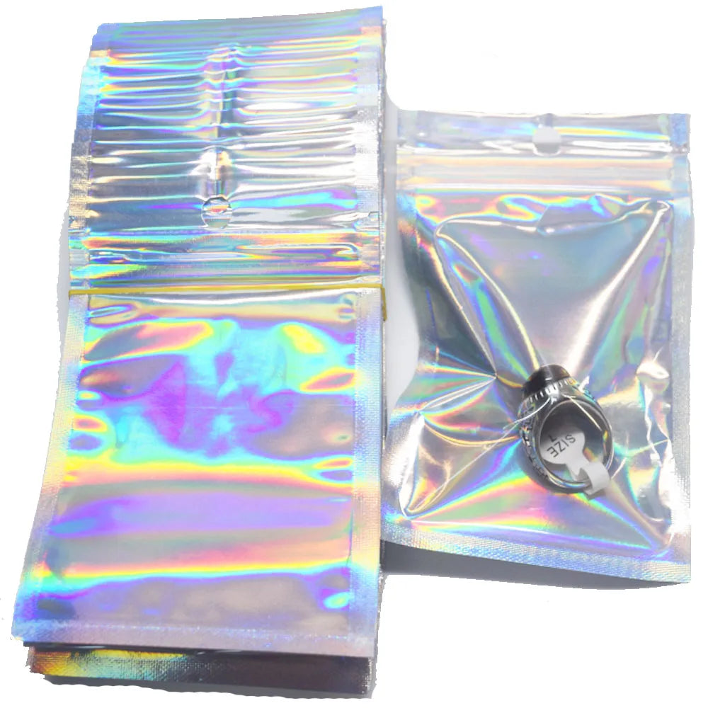 Plastic Holographic Color Mini Reusable Zip Lock Bag Resealable Bags for Jewelry Packing Rich Sizes 100pcs Pack