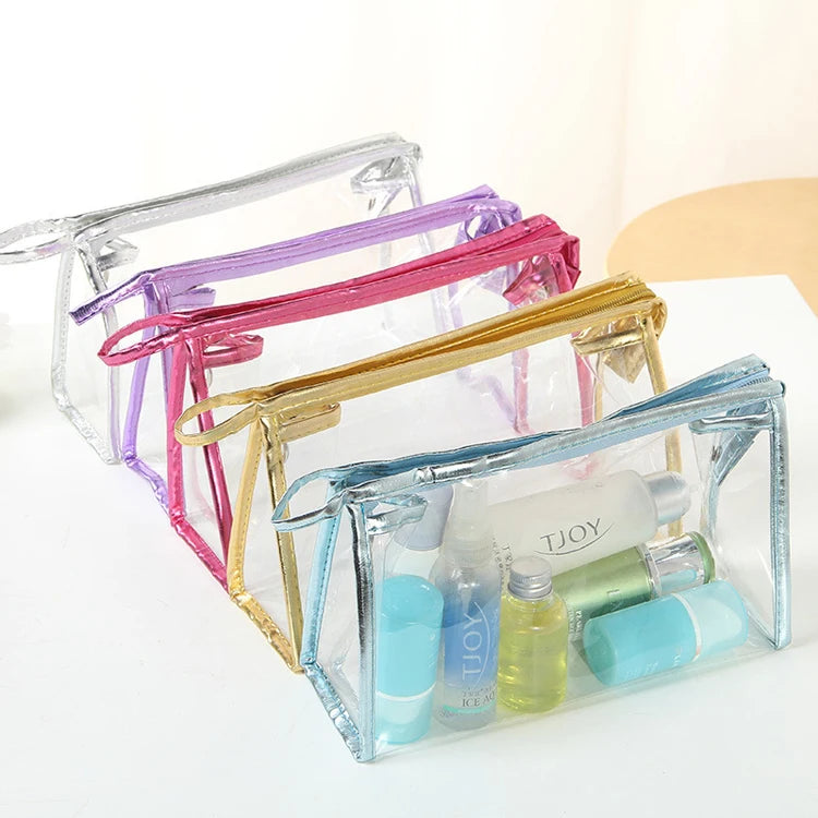 Stock Portable Waterproof Transparent PVC Makeup Bag Travel PVC Wash Toiletry Cosmetic Bag With Custom Logo