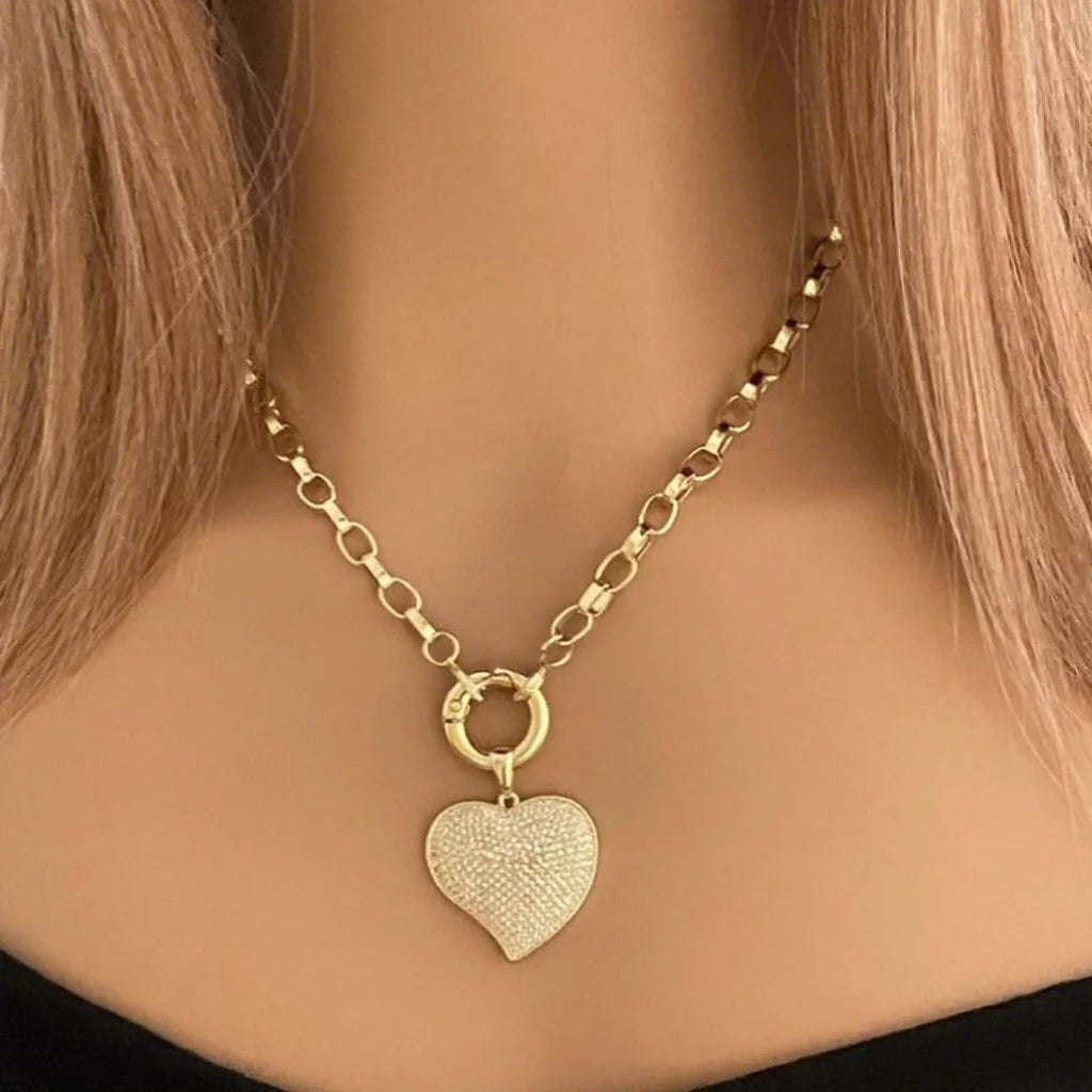 NM42672 Gold Plated Chain Necklace With CZ Paved Heart Pendant Micro Pave Pendant Spring Clasp Gift for Her