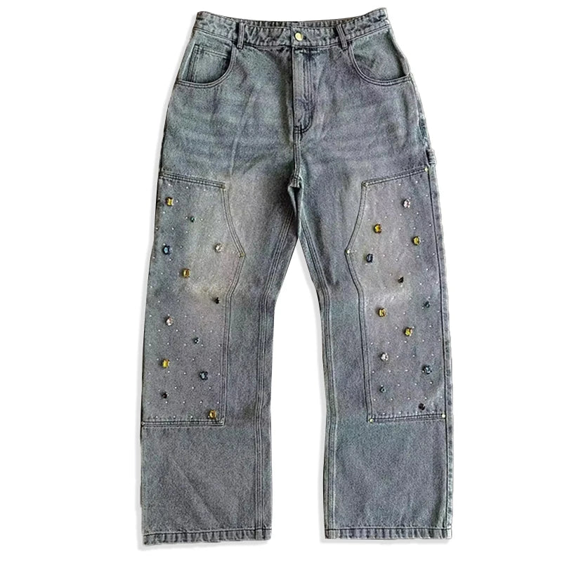 YSJY Wholesale Custom Logo Jeans Pants Trousers Oversized Acided Wash Rhinestone Jeans for Men
