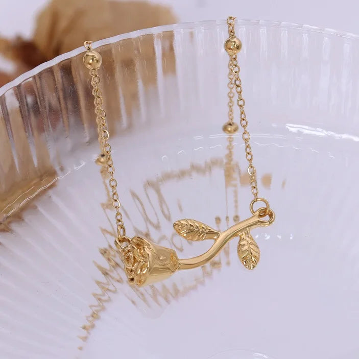 Elegant Minimalist Long 18k Gold Plated Stainless Steel Flower Rose Pendant Necklace for Women