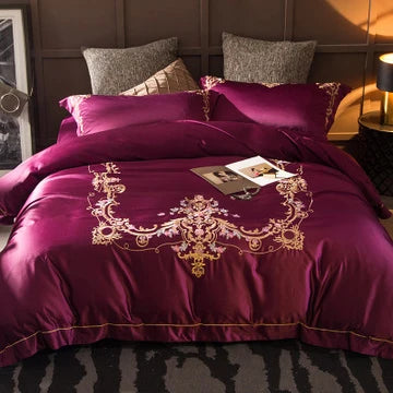 Customized European Style 100% Cotton Gold Exquisite Duvet Cover king Size Purple Embroidery Bed Sheet Home Textile Bedding Set