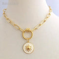 NM35973 Vintage Minimalism Round Gold Plated Brass Rope Screw Clasp Carabiner Link Chain Necklace With White Enamel CZ Charm