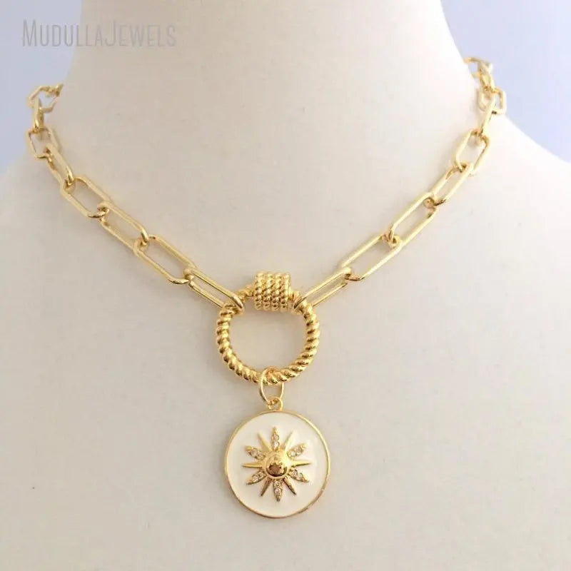 NM35973 Vintage Minimalism Round Gold Plated Brass Rope Screw Clasp Carabiner Link Chain Necklace With White Enamel CZ Charm