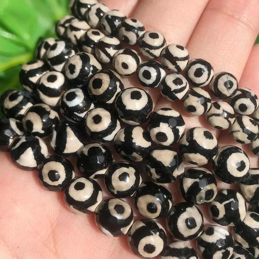 Semi-precious Stone Faceted Round Tibetan Agate DZI Beads 4mm-12mm 38cm Strand for Jewelry DIY Bracelet Necklace Earrings