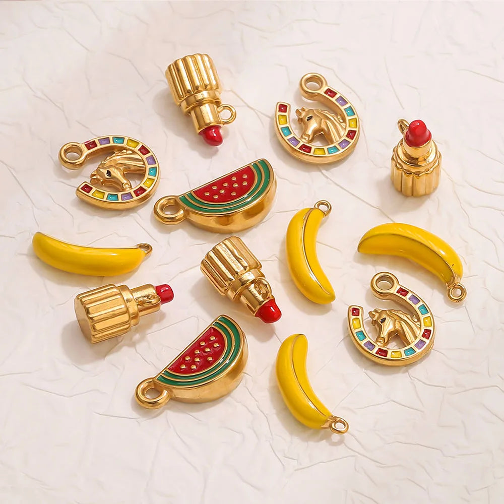2025 Cute Fruit Watermelon Charm Banana Lipstick Pony Pendant 18K Gold Plated Stainless Steel DIY Accessories for Jewelry Making
