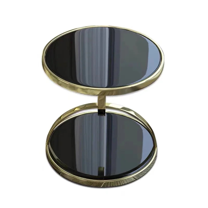 New Design Modern Black Glass Mirrored Corner Table and Two Bottom Elegant and Simple Golden Stainless Steel Metal Frames