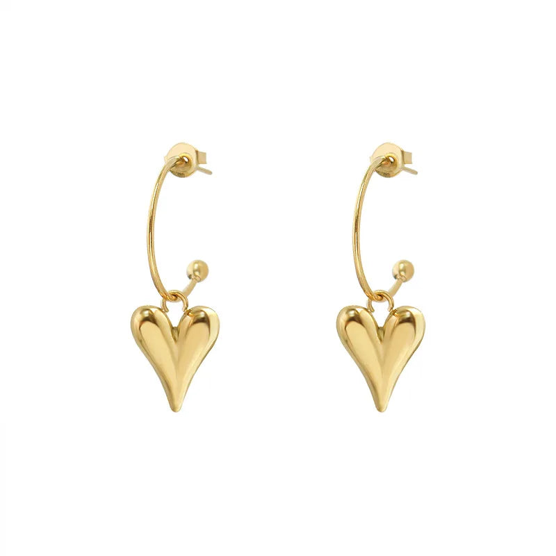 New Arrival Punk Style Love Heart Drop Earrings 316L Stainless Steel 18K Gold Plated C Shape Circle Heart Earrings YF2380