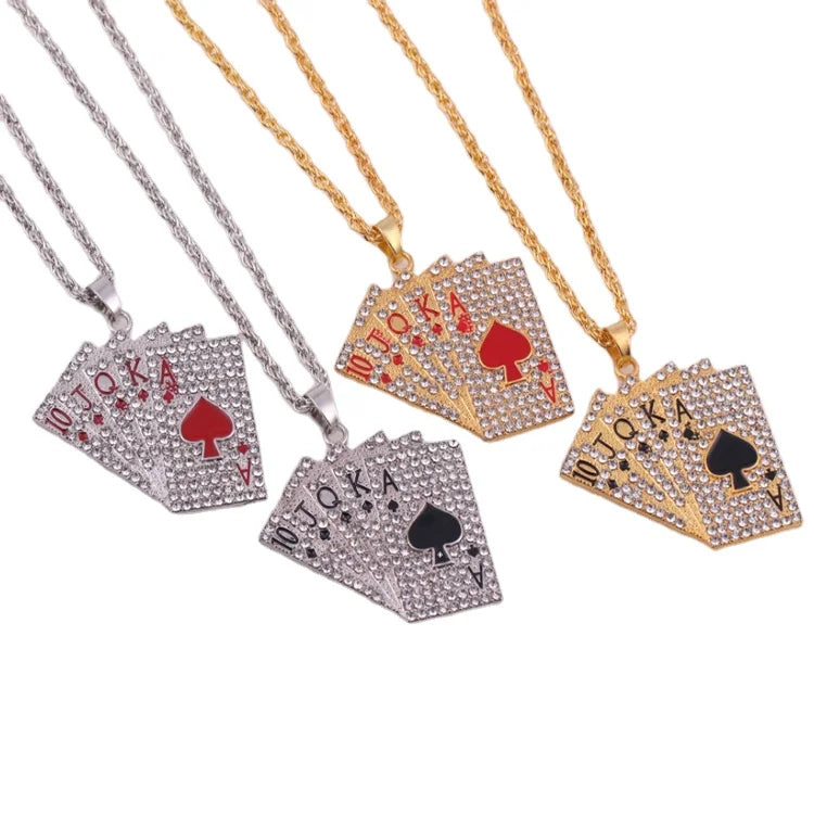 K004 New Design Hip Hop Men Jewelry Wholesale Rhinestone Crystal Square Straight Flush Poker Card Pendant Playing Cards Necklace