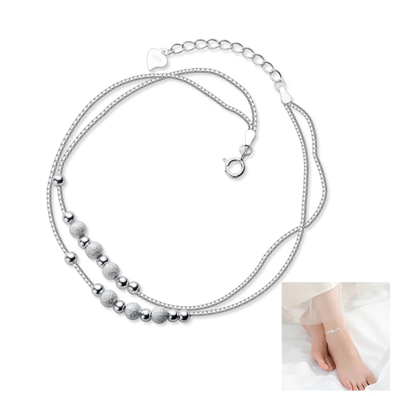925 Sterling Silver Anklet Double Layered Box Chain for Women Girls with Beads Adjustable Anklet Bracelet Chain Style Ankle