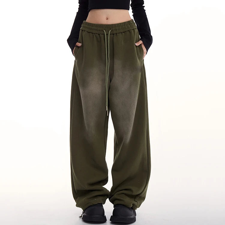 2025 Trendy Vintage Washed French Terry Women's Wide Leg Sweatpants Loose Fit Elastic Waist Drawstring Casual Style Breathable