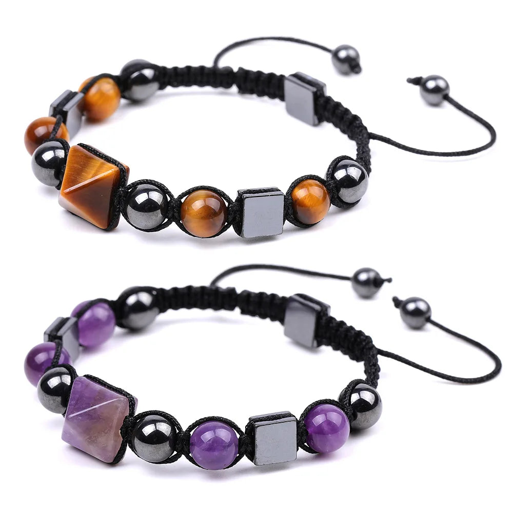 Women Adjustable Braided Energy Hematite Tiger Eye Amethyst Pyramid Bracelet