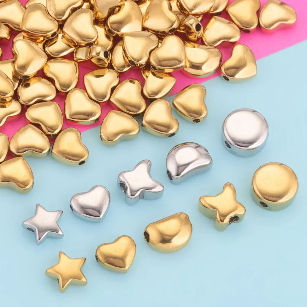 Mirror Polish Flat Loose Beans Star Round Heart Shaped DIY Beads with Hole for Making Bracelet Necklace Earring Accessories