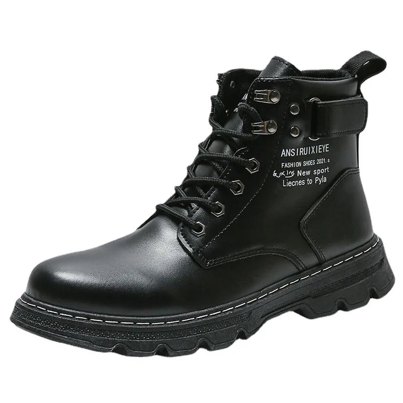 Boots Men's New High Top British Style Black Workwear Motorcycle Casual PU Leather Shoes Men's Leather Boots