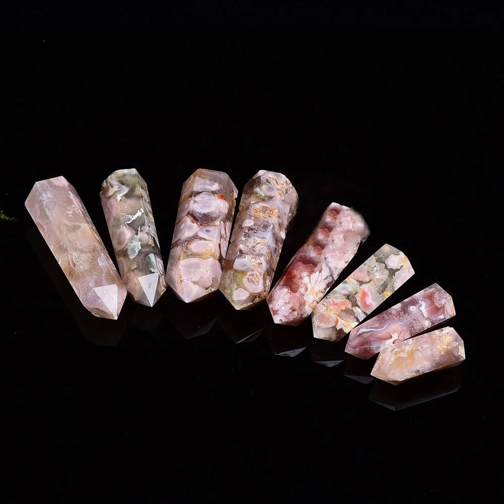 Polished Natural Cherry Blossom Agate Point Tower Hexagonal Natural Crystal Gemstone Mineral Specimen Healing Obelisk
