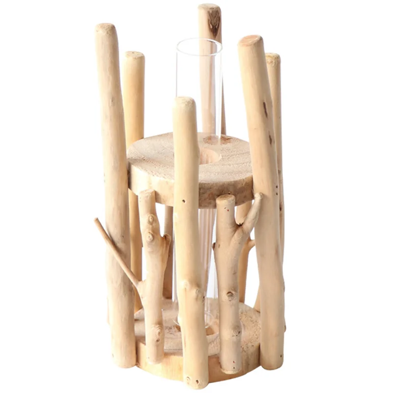 Driftwood Wooden Cylinder Glass Tabletop Vase Hydroponic Flower Vase